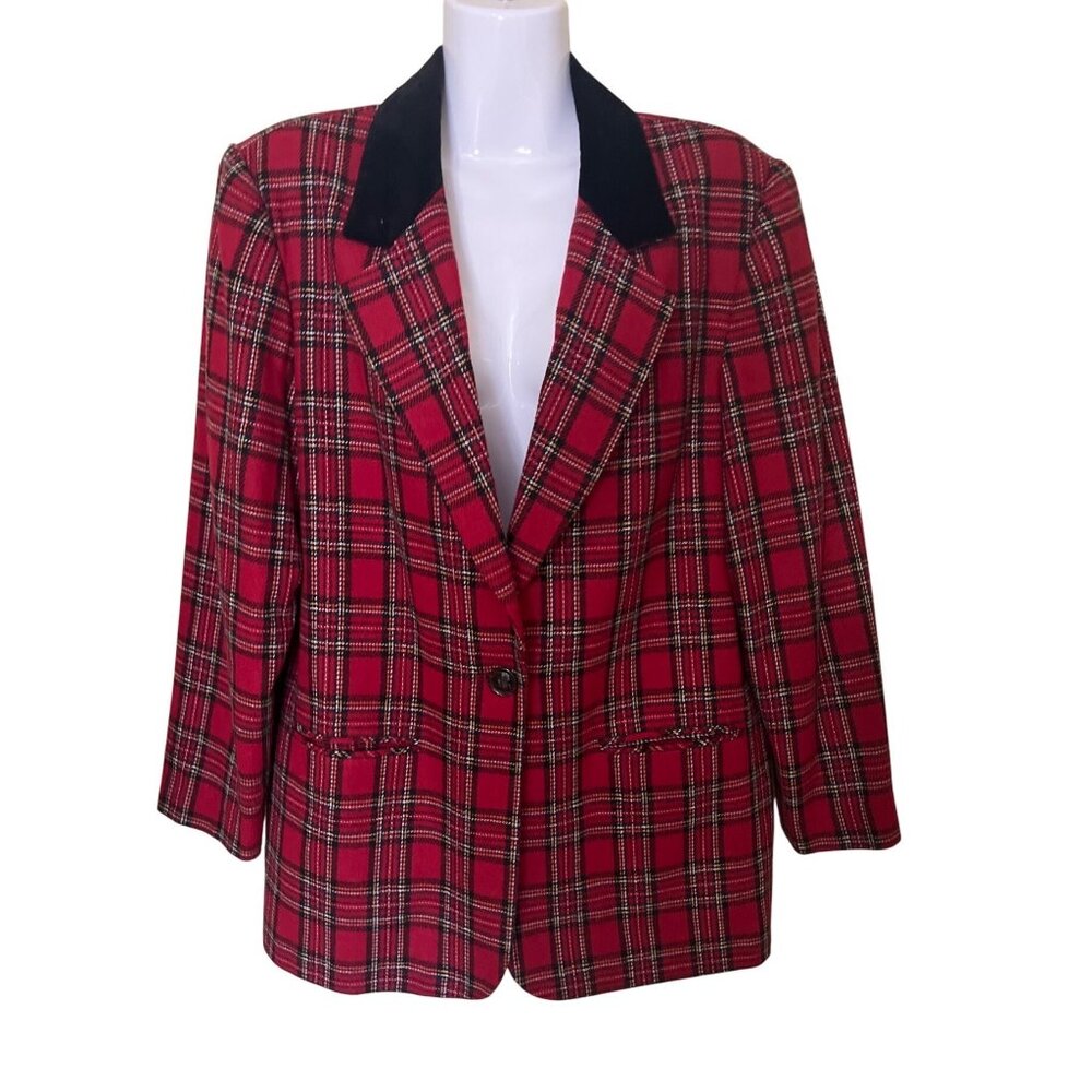 Sage Harbor Womens Wool Blend Plaid Blazer Size 12 Red & Black Acedemia